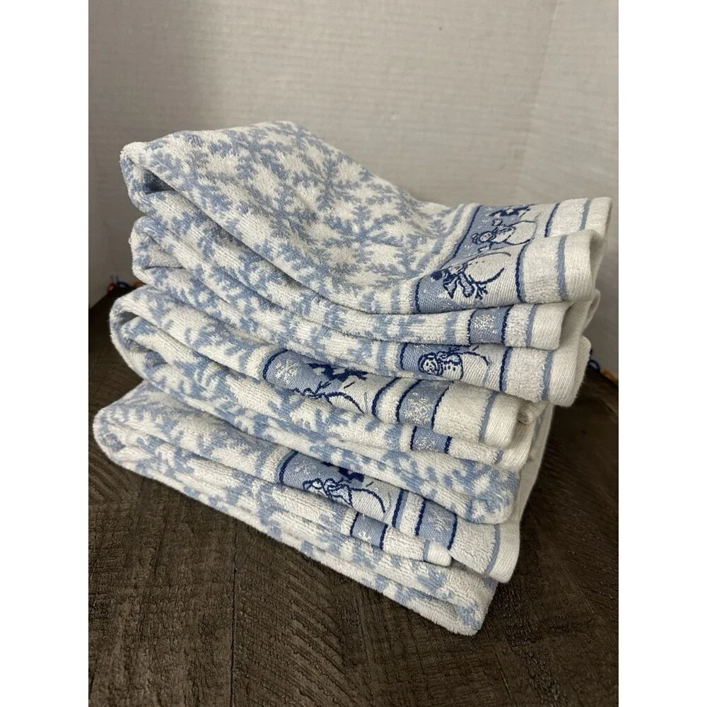 Vintage Blue/White/Silver Snowman Cotton Towel Set 4 Pieces Snow Winter GUC